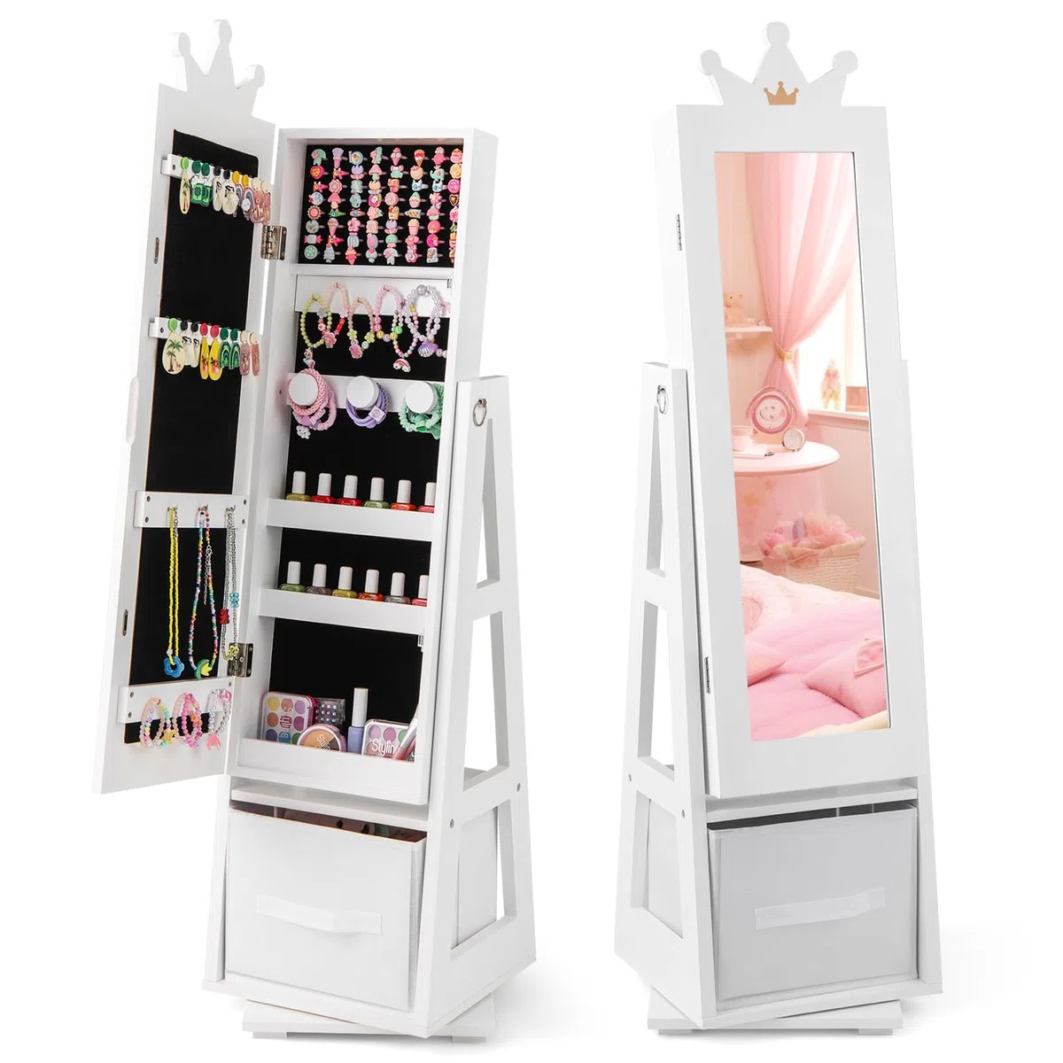 FANTASK Armario para joyas infantil 3 en 1 con espejo, giratorio 360°, con espejo de cuerpo completo y cesta de almacenamiento, color blanco, para joyas y espejo de maquillaje en forma de corona para