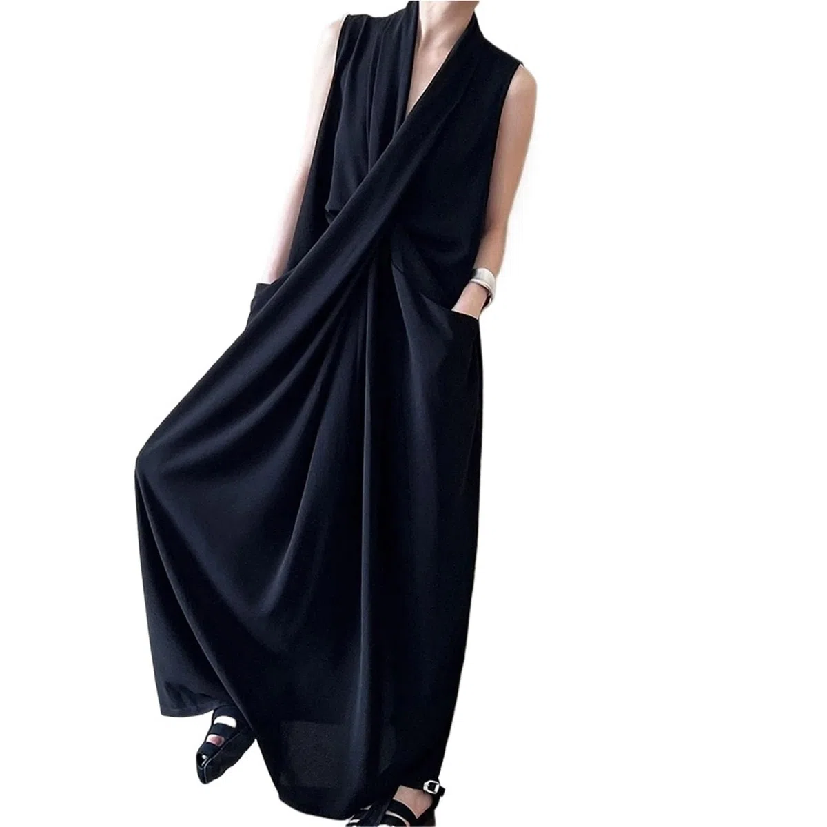 Vestido Sin Mangas Vestido Femenino sin Mangas con Temperamento de Color sólido, Escote en V Profundo, Pliegues, Vestido Largo Suelto Informal para la Mujer