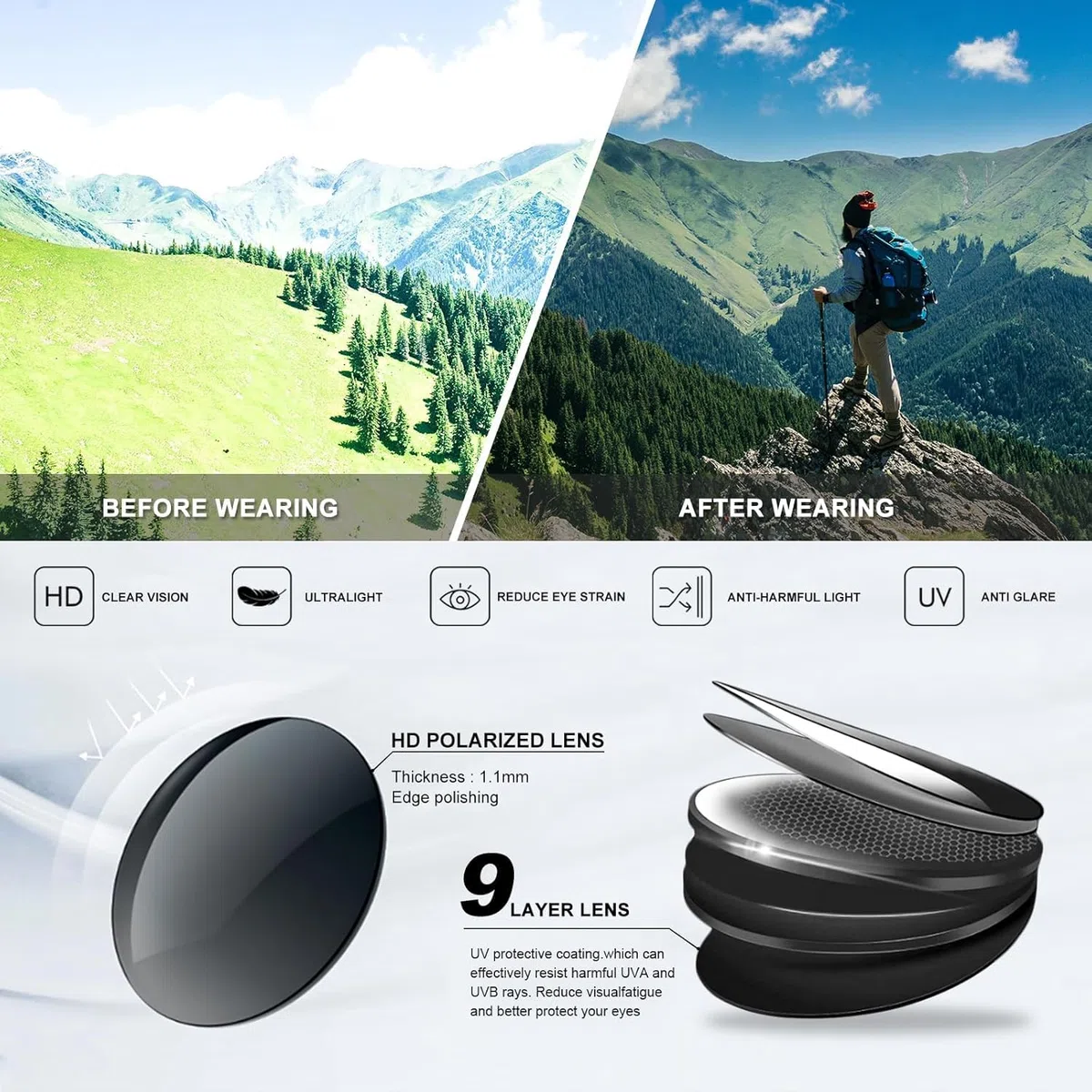 Gafas de sol polarizadas cuadradas para hombres y mujeres, con montura ligera, con protección UV