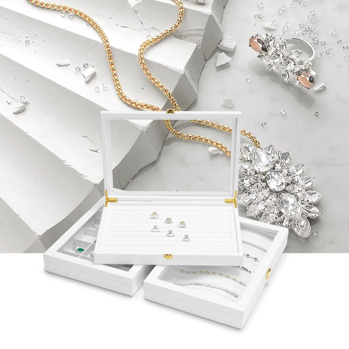 Bandeja Para Collares con 24 Compartimentos Caja de Almacenamiento de Cuero con Tapa Transparente Joyero con Cerradura para Varios Collares y Colgantes Adecuado para Mujeres y Niñas Blanco