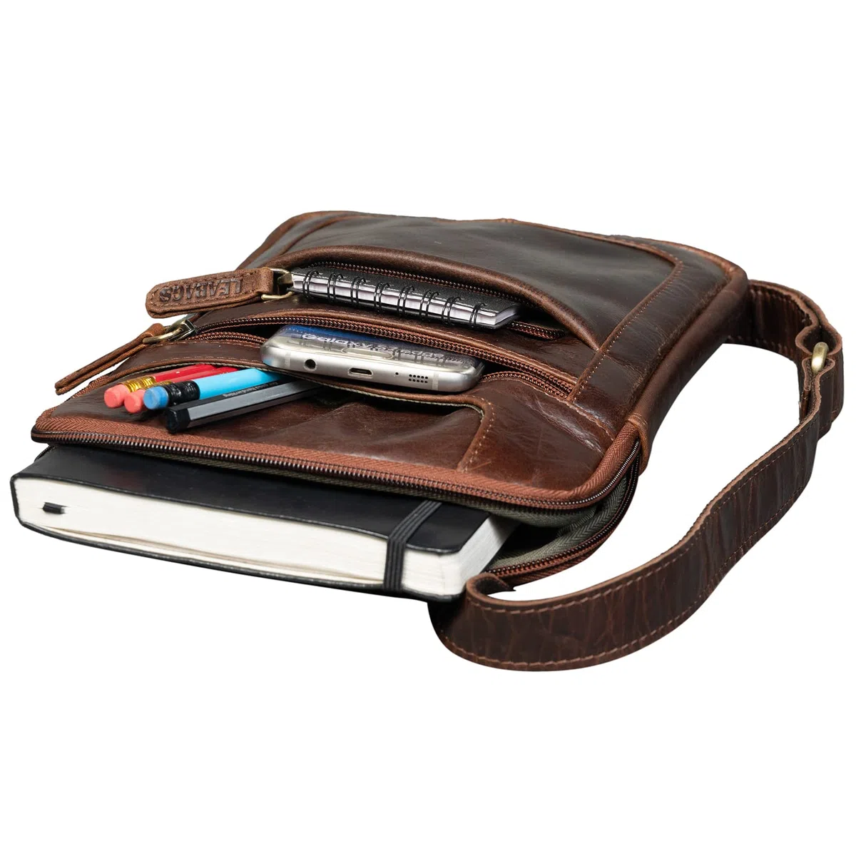 LEABAGS Bolso para Hombres y Mujeres | Bolsa de portátil de Cuero Genuino 15" | Bolso Bandolera con Correa | Bolso de Hombro | Bolsa mensajera | Bolsa de Trabajo | Bolsa de Profesor | Cow Saddle Horse