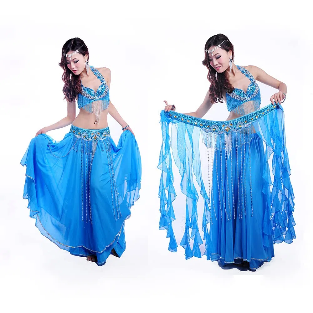 Pañuelo Danza del Vientre,Falda Lentejuelas Tamaño S-XL Performance Women Womenwear Professional 2 unids Outfit Beads Disfraz Belly Dance Bla Cinturón con franja (Color : Royalblye bra belt, Size :