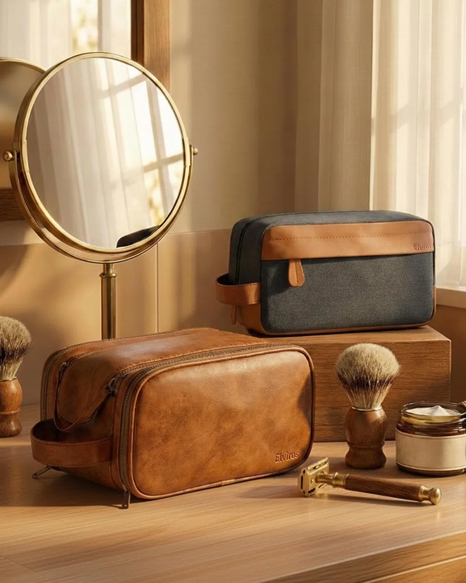 Elviros Neceser de Viaje para Hombres, Kit de Afeitado Grande, Resistente al Agua, Organizador de artículos de tocador de baño de Piel sintética, Regalo para el día del Padre