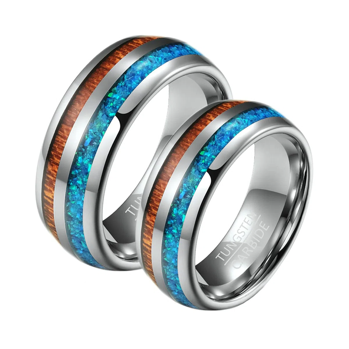 Aeici Anillo de promesa para pareja, grabado, anillo personalizable para mujer, tungsteno, anillo de plata, 8 mm, madera y ópalo, Plata