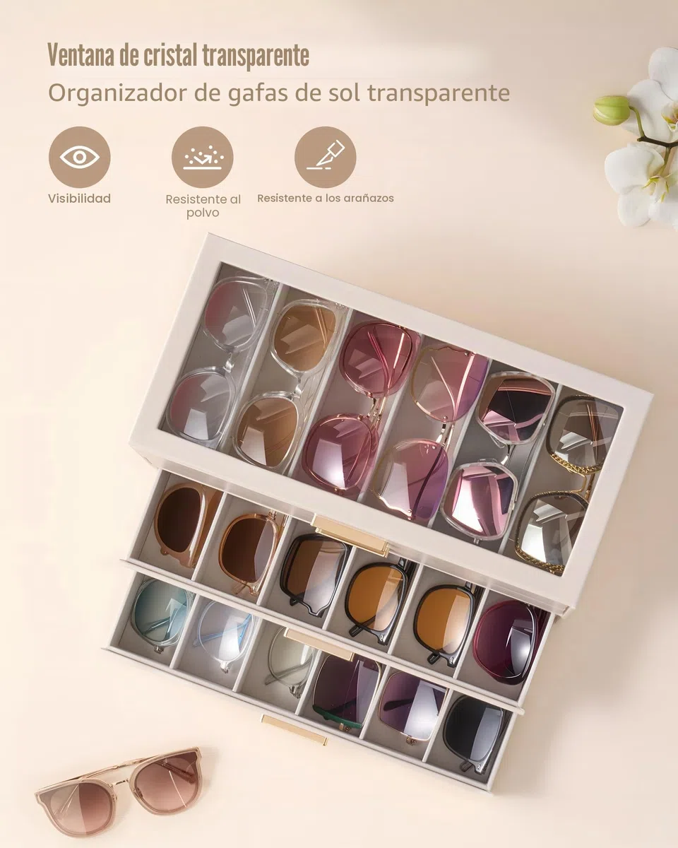 Lolalet 2 plantas 12 compartimentos organizador gafas de sol estuche para gafas