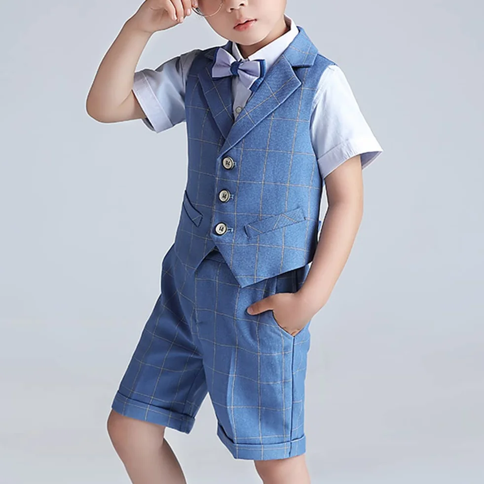 Traje de Caballero para Niño,Traje Conjunto de Chaleco a Cuadros Azul de Bebés Niños para Ceremonia,Traje Formal de Fiesta de Boda para Niños,Verano Ropa Niños Elegante Trajes de Bautizo