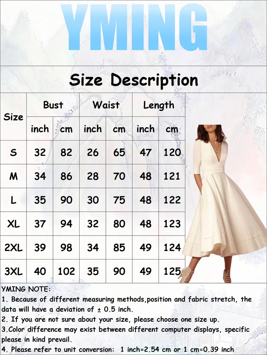 YMING Women 's Retro Deep V Neck Dress Elegant Swing Dress 3/4 Sleeve Light Dress Retro High Cintura Party Midi Pocket Dress