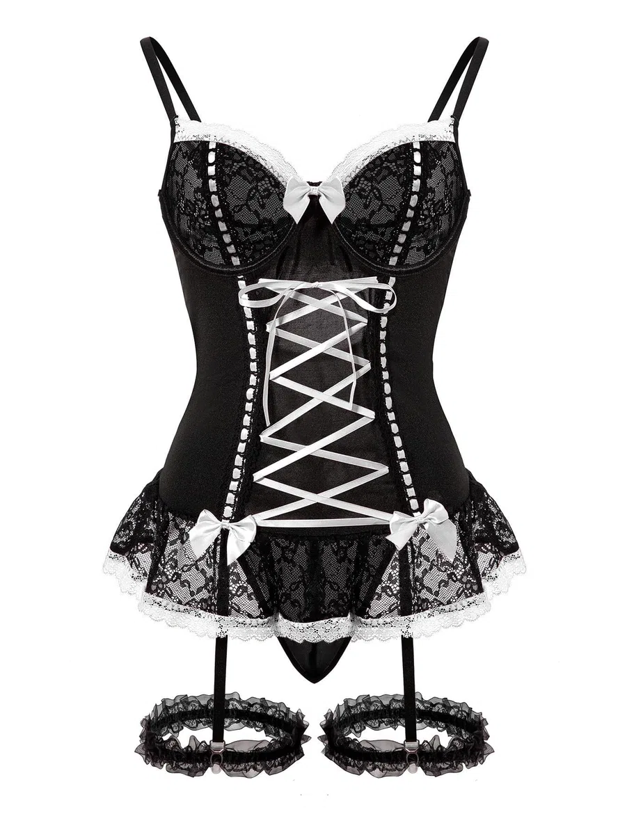 GXNRHG Corsé de Malla Sexy con Volantes y Encaje con Aros, Liguero Transparente, picardías, Conjunto de lencería con Tanga, 3 Piezas