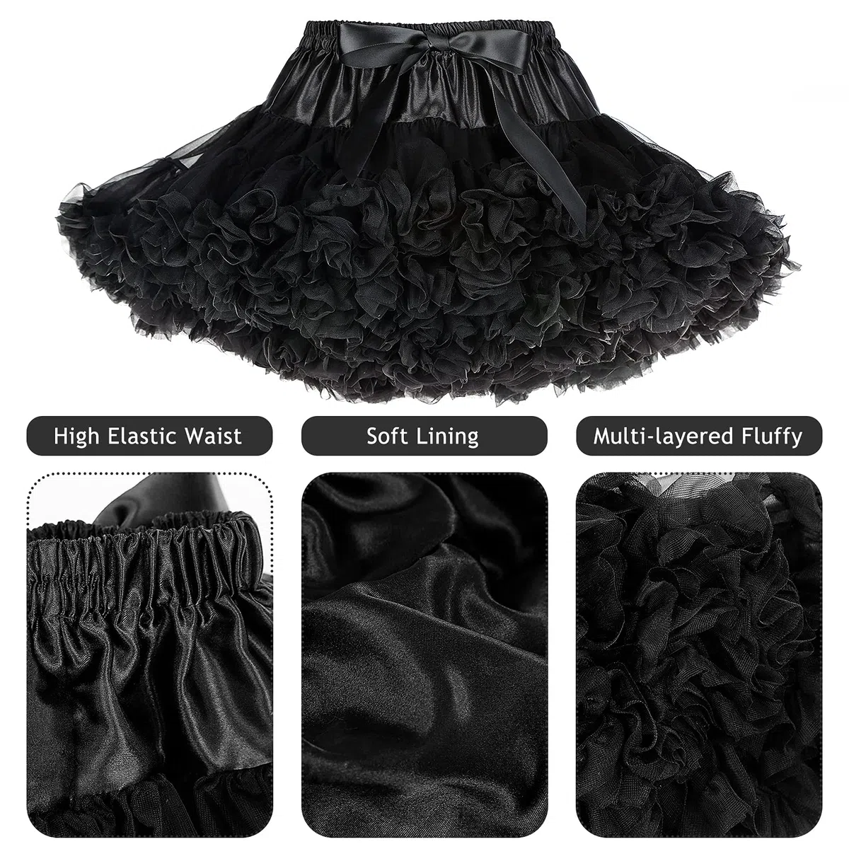 Falda de tutú para niña, falda de ballet mullida, Negro, Large