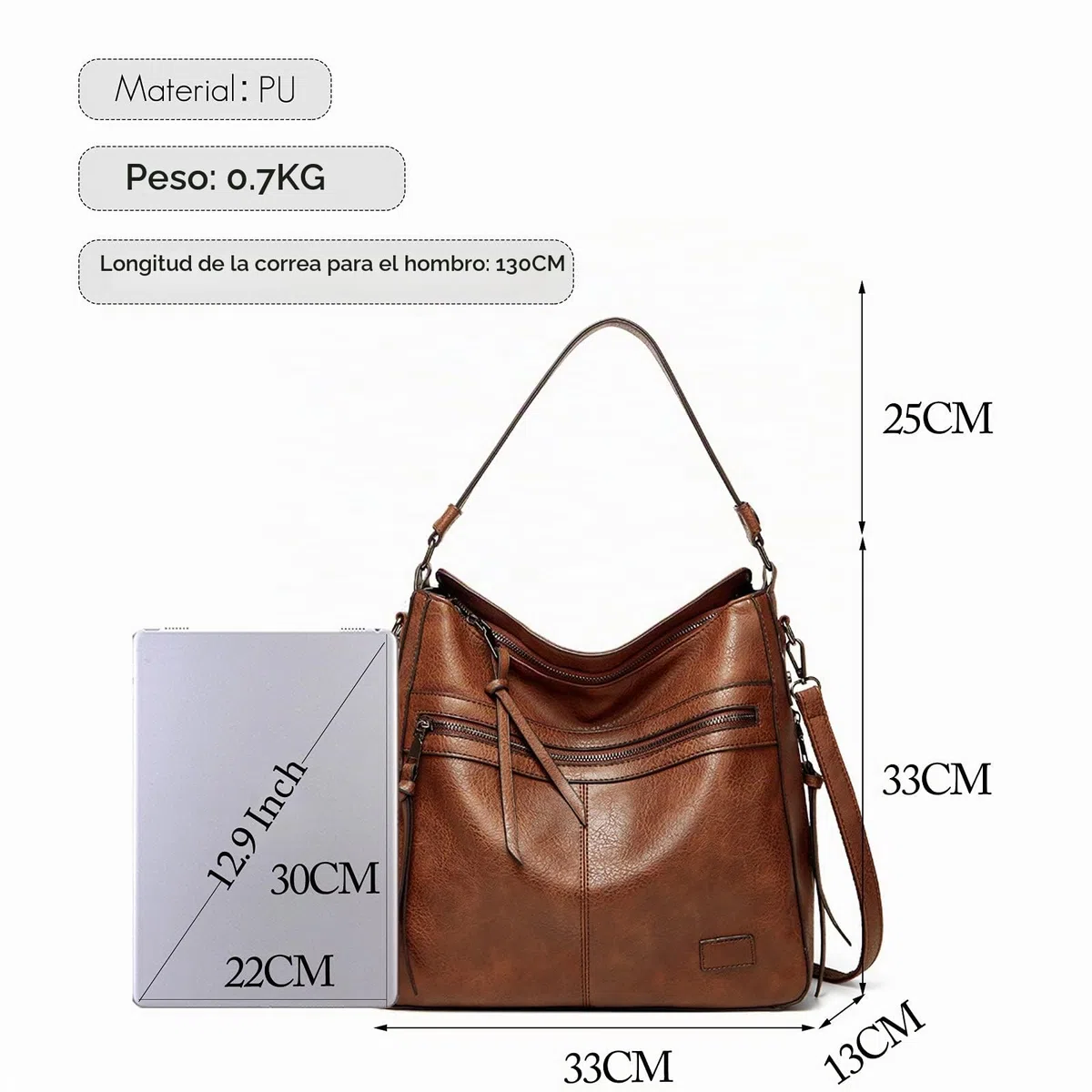 FANDARE Bolso Hombro Mujer Tote Bandolera Shoppers Bolso Hombro Mano Gran Portátiles 12.9 Pulgadas Mochila Impermeable PU Cuero Compra Señora para Viaje Trabajo Escuela Compras Bag