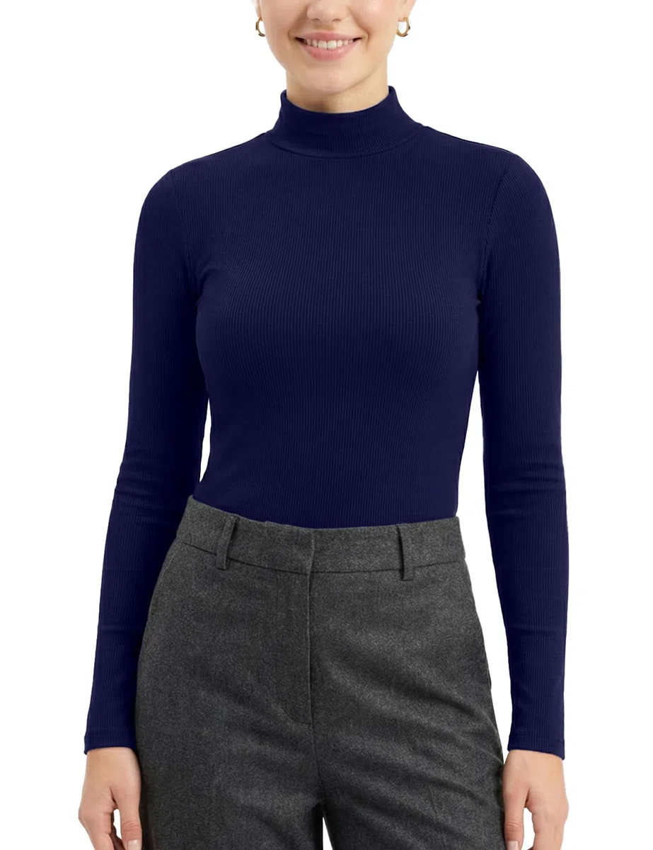 Zengjo Camiseta de manga larga con cuello alto para mujer, acanalada, térmica, capa base, elástica