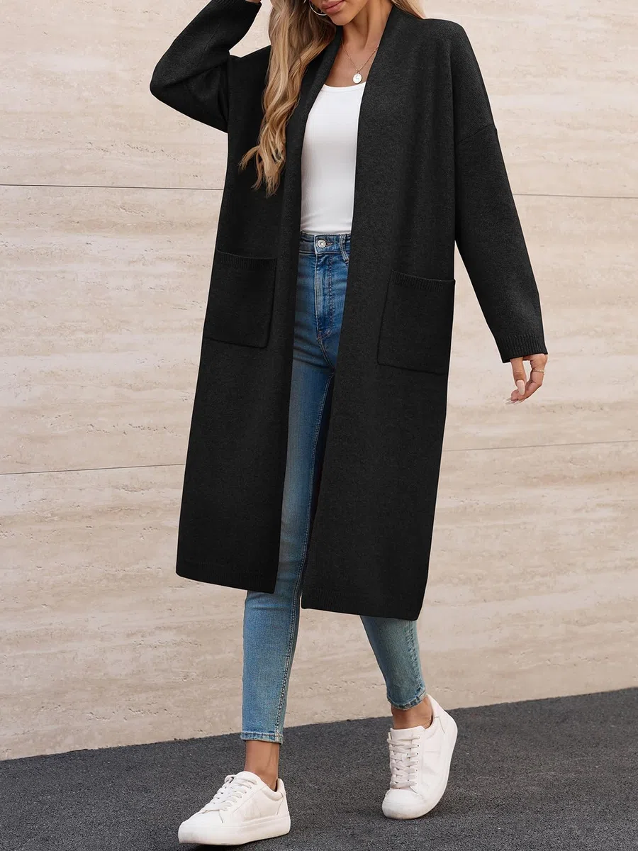 Fisoew Chaqueta de punto para mujer, cárdigan largo, de manga larga, oversized de punto, con bolsillos frontales abiertos.