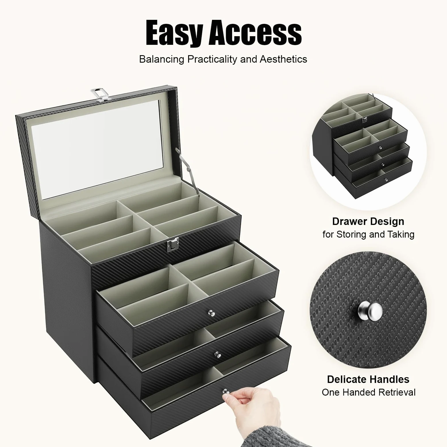 Caja de almacenamiento para gafas, caja organizadora de gafas, caja de joyería, caja de piel sintética con tapa de cristal, caja de almacenamiento para gafas de sol, regalo para relojes y pulseras
