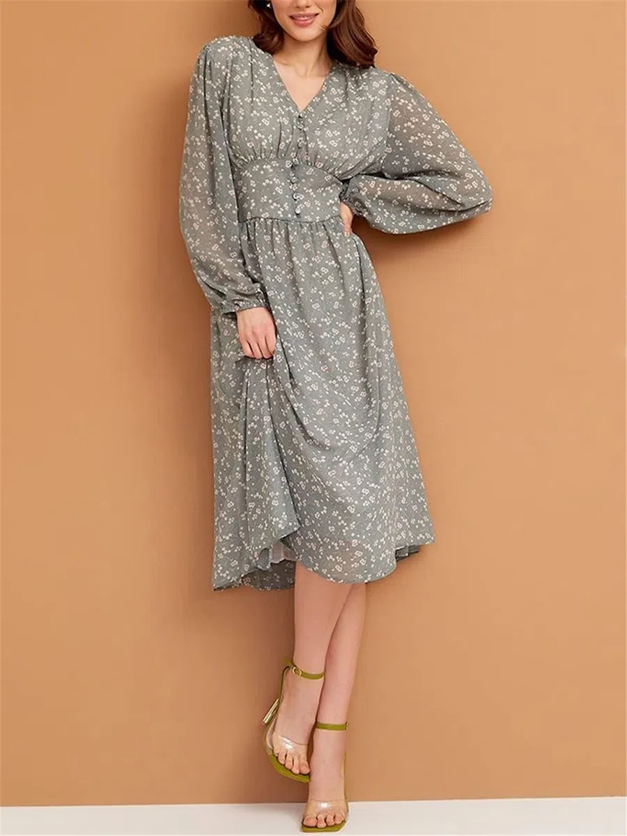 Vestido midi de manga larga con cuello en V y estampado floral para mujer, estilo francés, cintura imperio