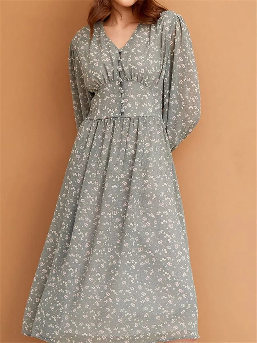 Vestido midi de manga larga con cuello en V y estampado floral para mujer, estilo francés, cintura imperio
