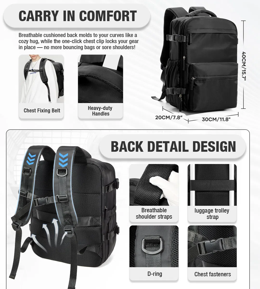 Mochila de Viaje al Vacío con Bomba - 40x30x25 cm (Cabina Ryanair) - Mochila de Mano para Avión con Portátil 14" - Impermeable - Unisex/Día - Equipaje de Cabina para Hombre y Mujer Negro