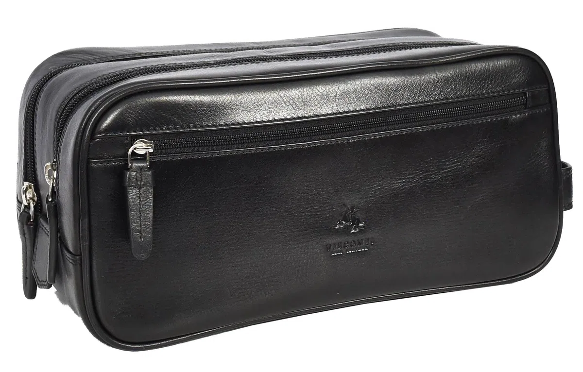 Norvid - Neceser de piel auténtica para hombre, kit de afeitado de viaje, Black, L, Bolsa de lavado