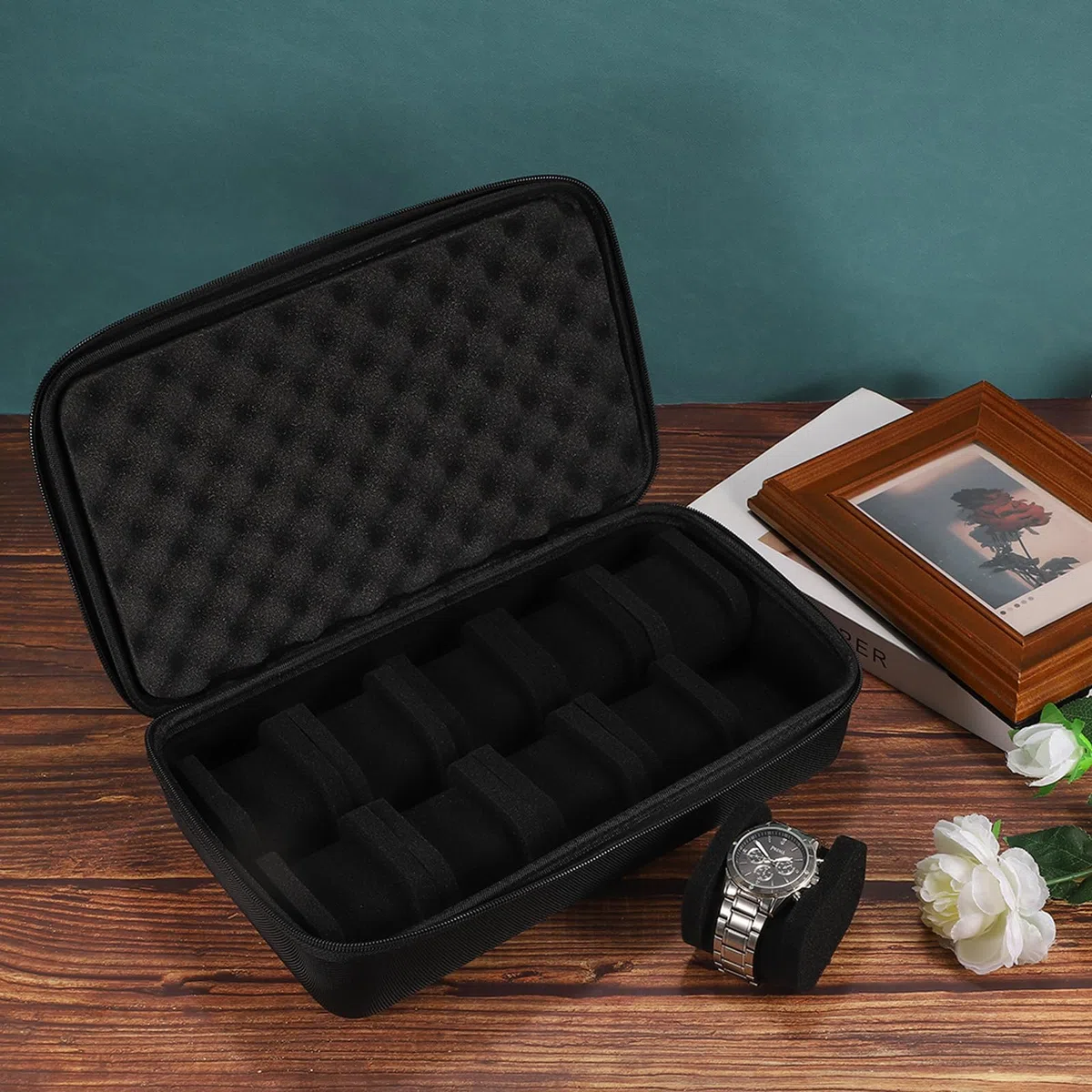 sourcing map Estuche rígido de viaje con 10 ranuras, organizador de exhibición de relojes para hombres y mujeres con almohada suave para la mayoría de relojes y relojes inteligentes de hasta 40 mm,