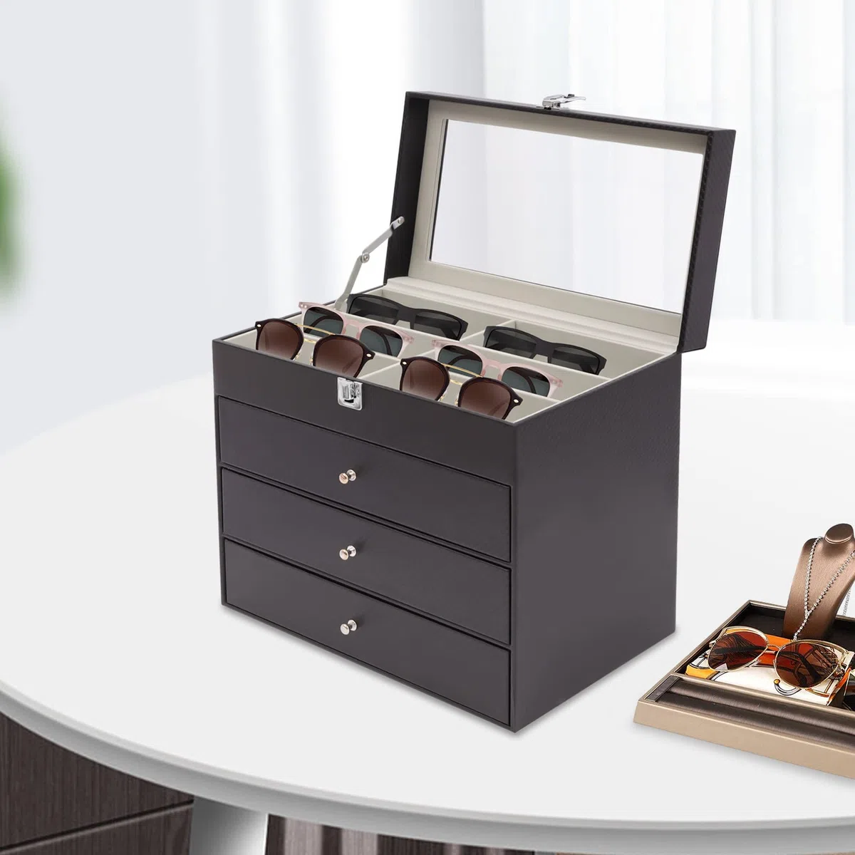 Caja para gafas, caja de joyas, caja de relojes, organizador, vitrina, terciopelo, 4 niveles, tapa de cristal de 33,5 cm, tapa de cristal para gafas de sol, reloj, anillo, pulsera, cómoda