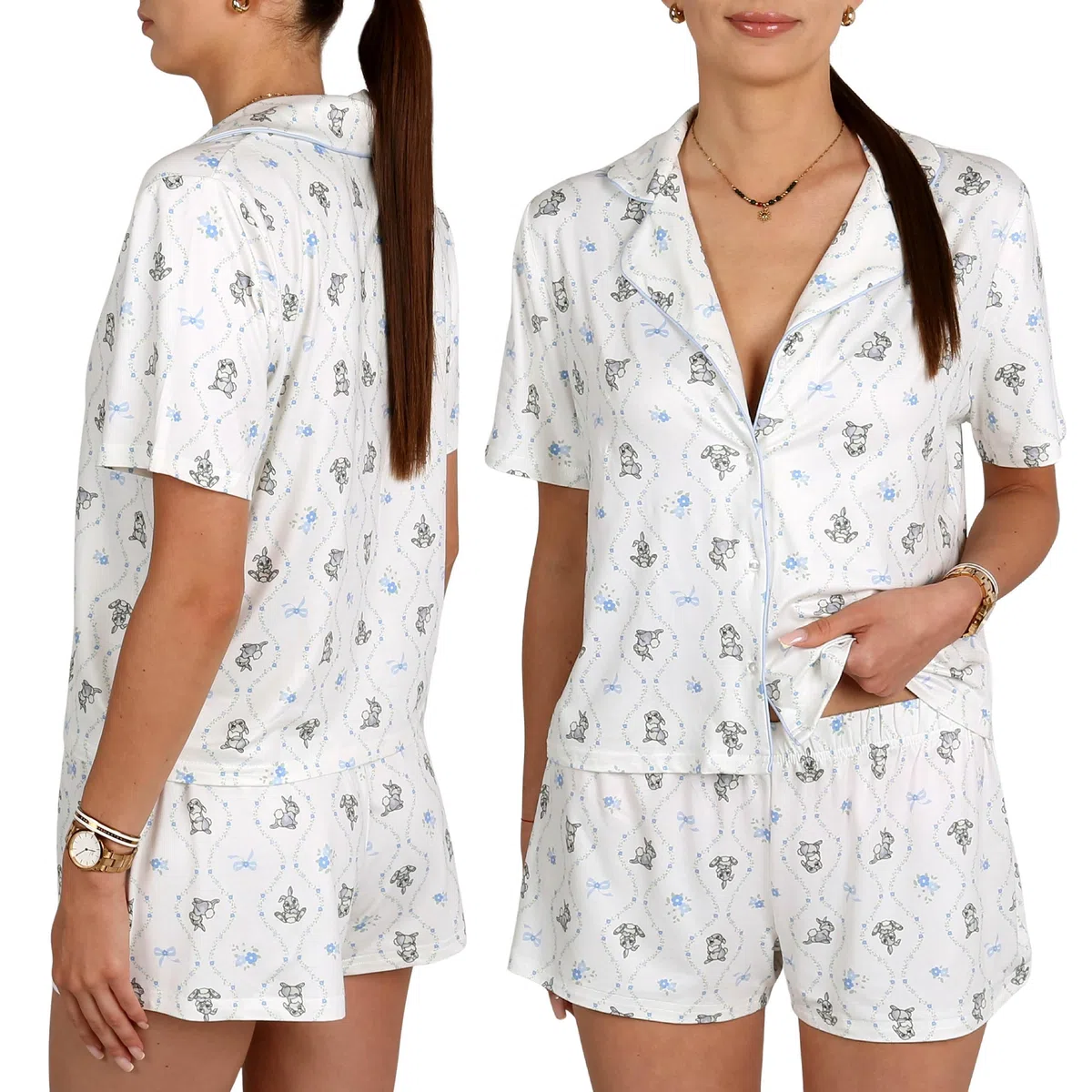 sarcia.eu Pijama de Mujer con Botones, Dos Piezas para el Verano, (Winnie, Bambi Thumper, Minnie Mickey) de Manga Corta
