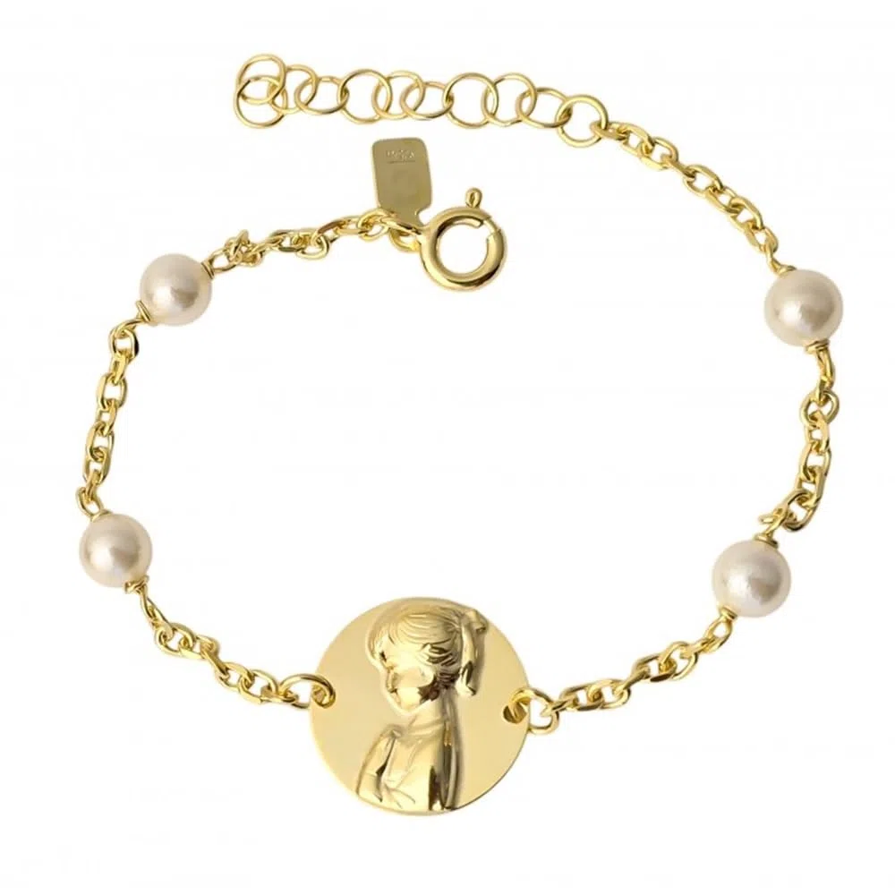 Pulsera infantil Virgen Niña de Plata chapada en Oro con Perlas