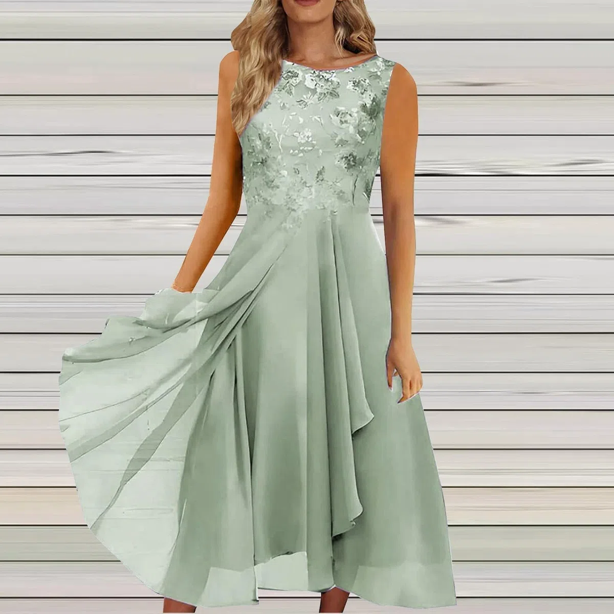 Vestido Largo de Gasa Elegante para Mujer Plus Size Vestido de Noche Formal con Detalles de Encaje Ahuecado y Escote Redondo Ideal para Eventos y Damas de Honor