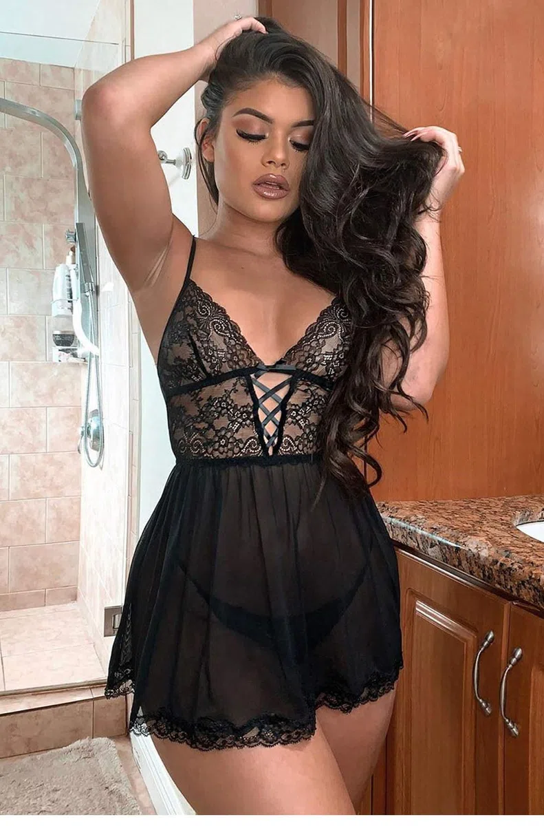 Camisón de Malla Transparente con Tanga de Encaje Calado, camisón sin Mangas, Ropa de Dormir Transparente (Negro L) S