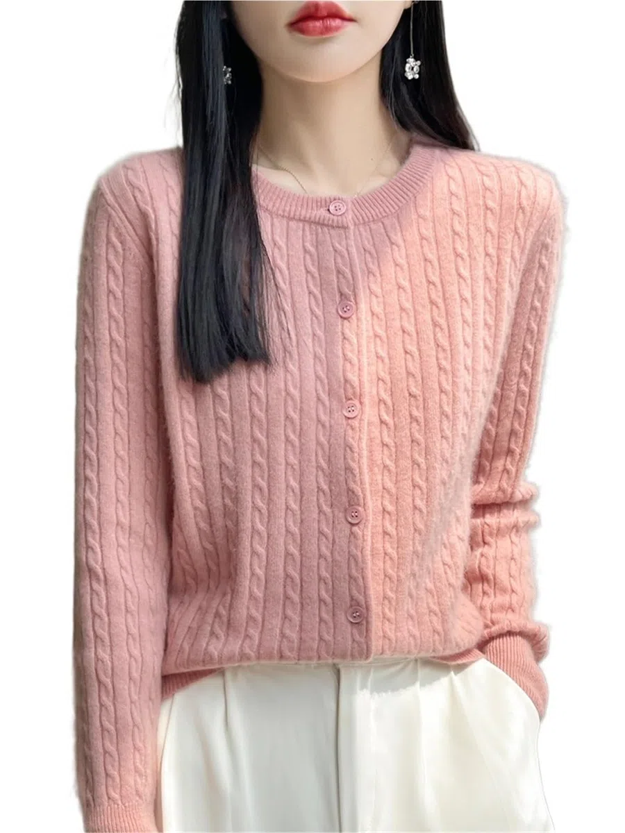 1 Pieza Otoño Invierno Mujer Suéter Cuello Redondo Rebeca de Punto Trenzado Ropa Casual Manga Larga Tops para Uso Diario Y Actividades