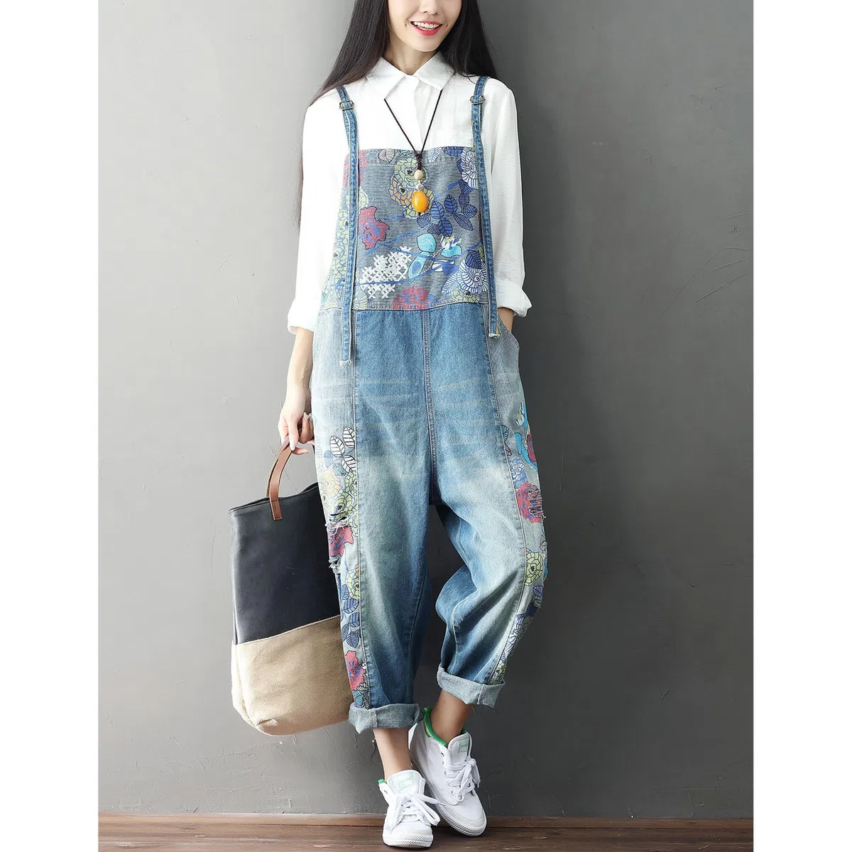 Peto informal de mujer con estampados, corte holgado, pierna recta, tirante ajustable, traje con tirantes, peto vaquero