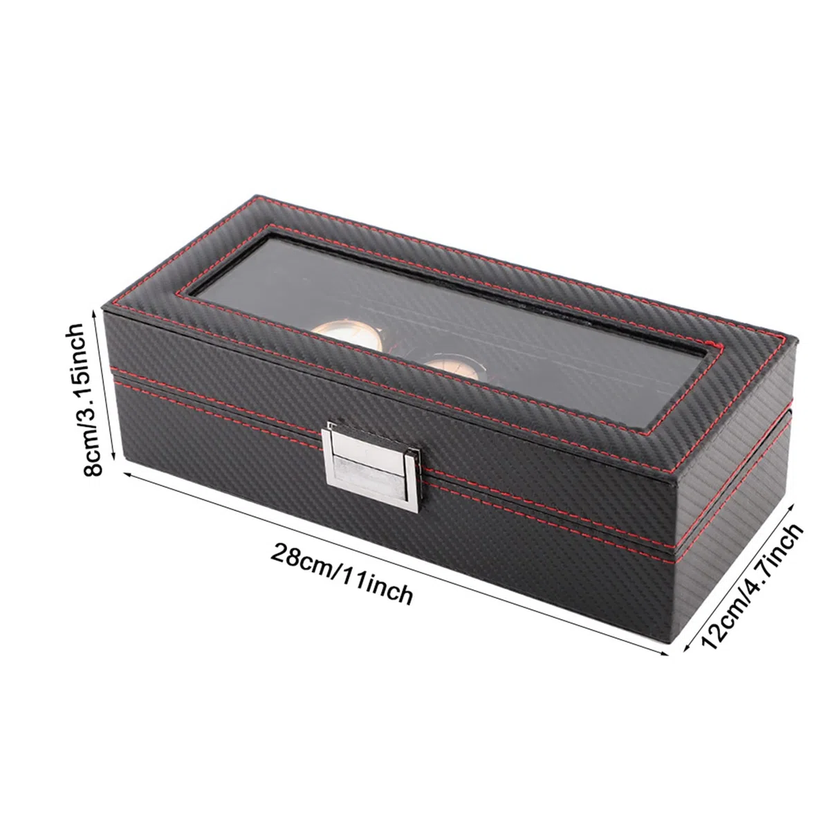 Caja para relojes de 5 compartimentos, estuche para relojes de fibra de carbono con costuras rojas, organizador de joyería de viaje para hombres y mujeres, almacena 5 relojes de