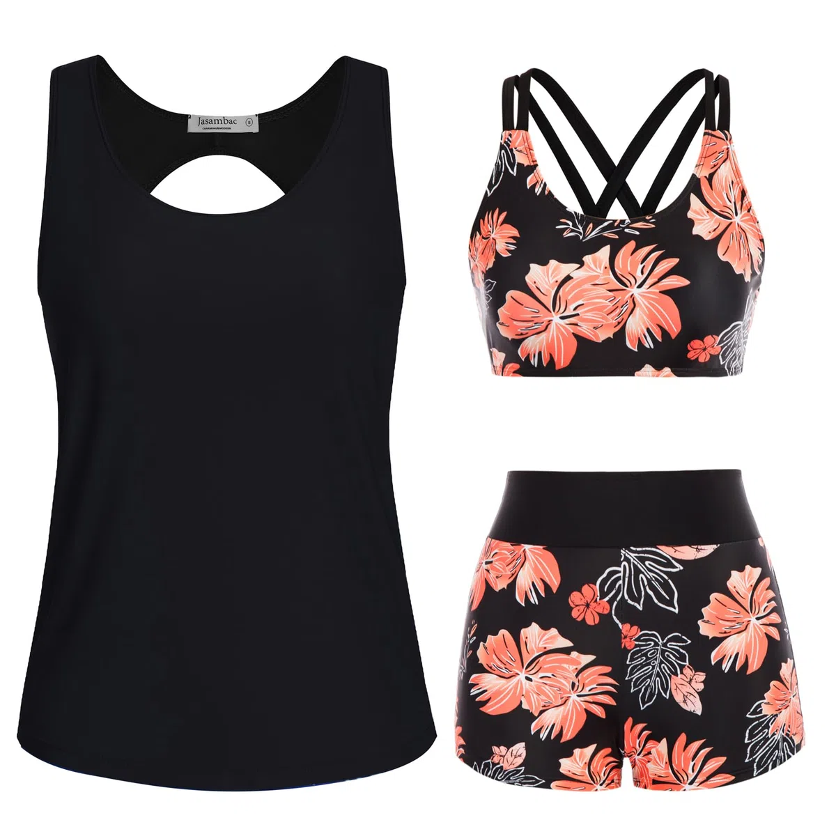 JASAMBAC Tankini de 3 piezas para mujer, cintura alta, push up y pantalones cortos de baño de cintura alta, traje de baño simple, traje de baño deportivo para mujer, traje de baño para piscina, playa