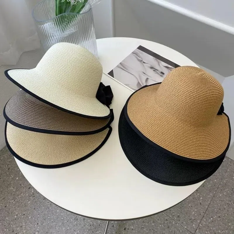 Sombrero de Paja Transpirable para Mujer,Sombrero de Verano de ala Ancha con Protección UV y Lazo Decorativo,Sombrero de Playa Ligera para Vacaciones,Viajes y Actividades Al Aire Libre