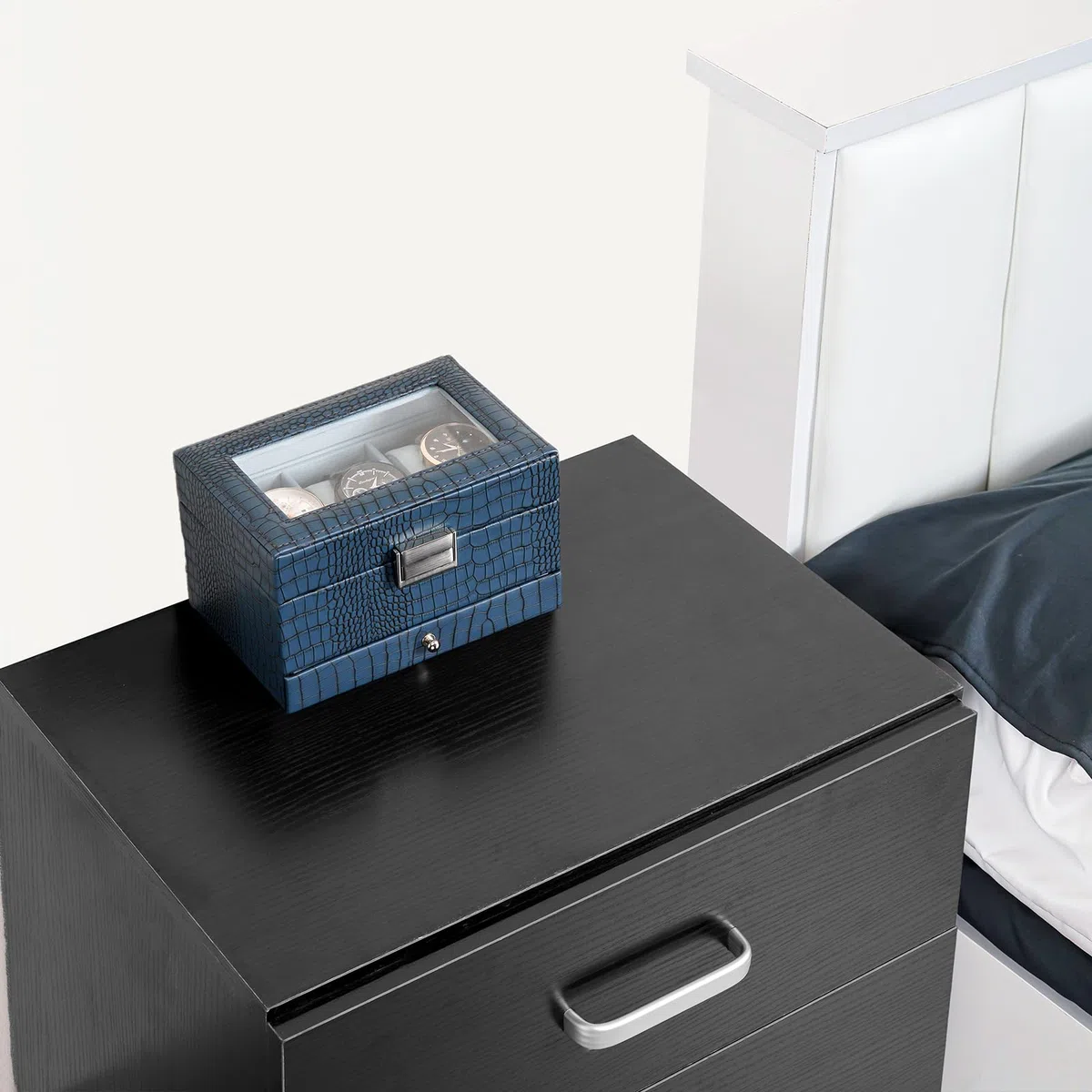 Caja para relojes para hombre, estuche de exhibición de 3 ranuras con cajón, estuche para relojes de hombre con tapa de cristal, organizador de almacenamiento de joyas y relojes de 2 capas p
