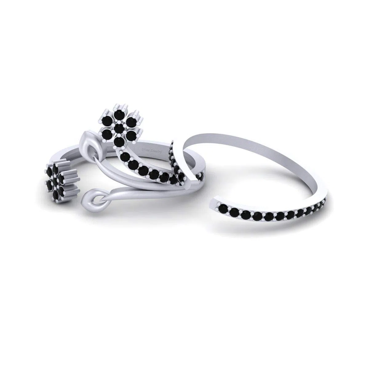Juego de anillos de boda de plata de ley 925 maciza con diamante negro y hoja floral ajustable para novia, Metal metal Piedra, Diamond