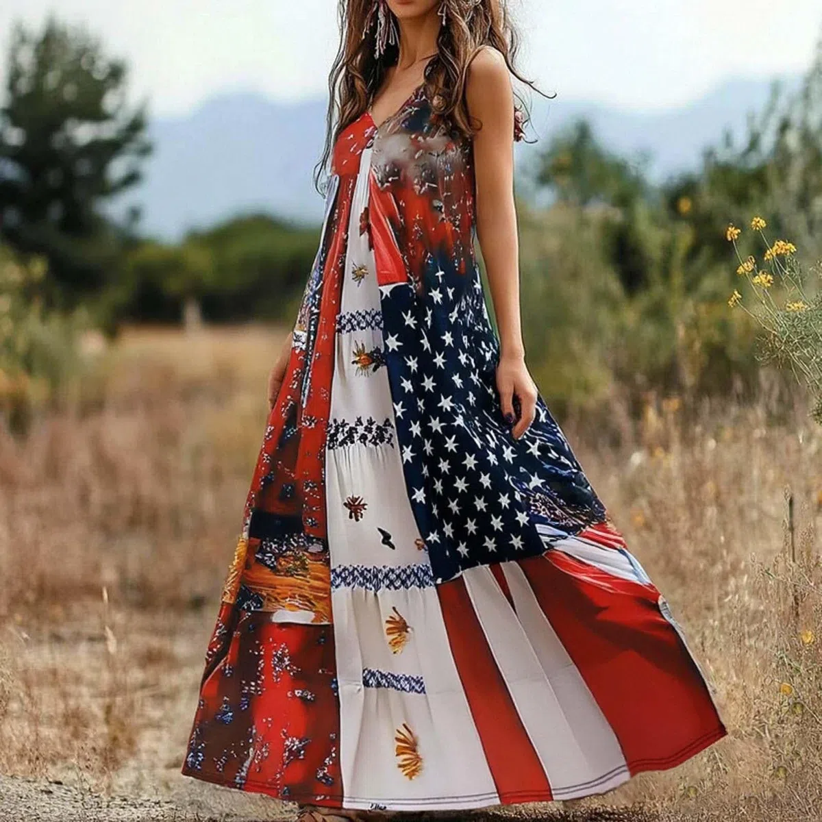 Vestido de verano casual con cuello sin mangas y estampado floral para mujer, día de la independencia