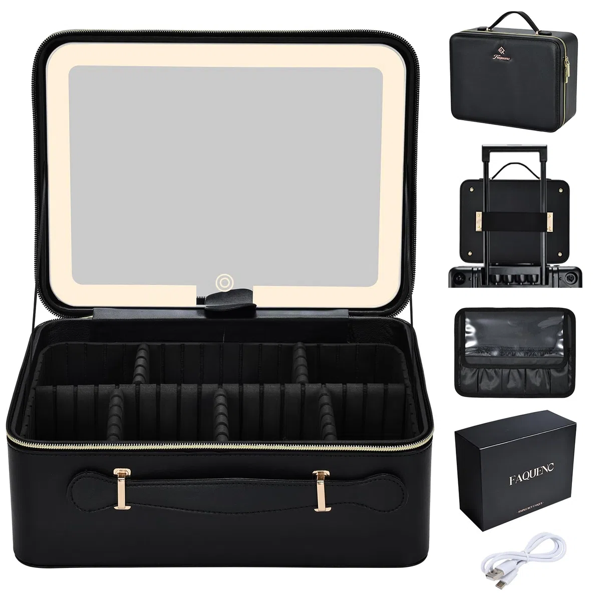 Maletin Maquillaje con LED Grande Maletín Organizador Maquillaje portátil de Cuero PU Estuche Maquillaje con Espejo extraíble Neceser Maquillaje con Soporte para brochas de Maquillaje, Negro