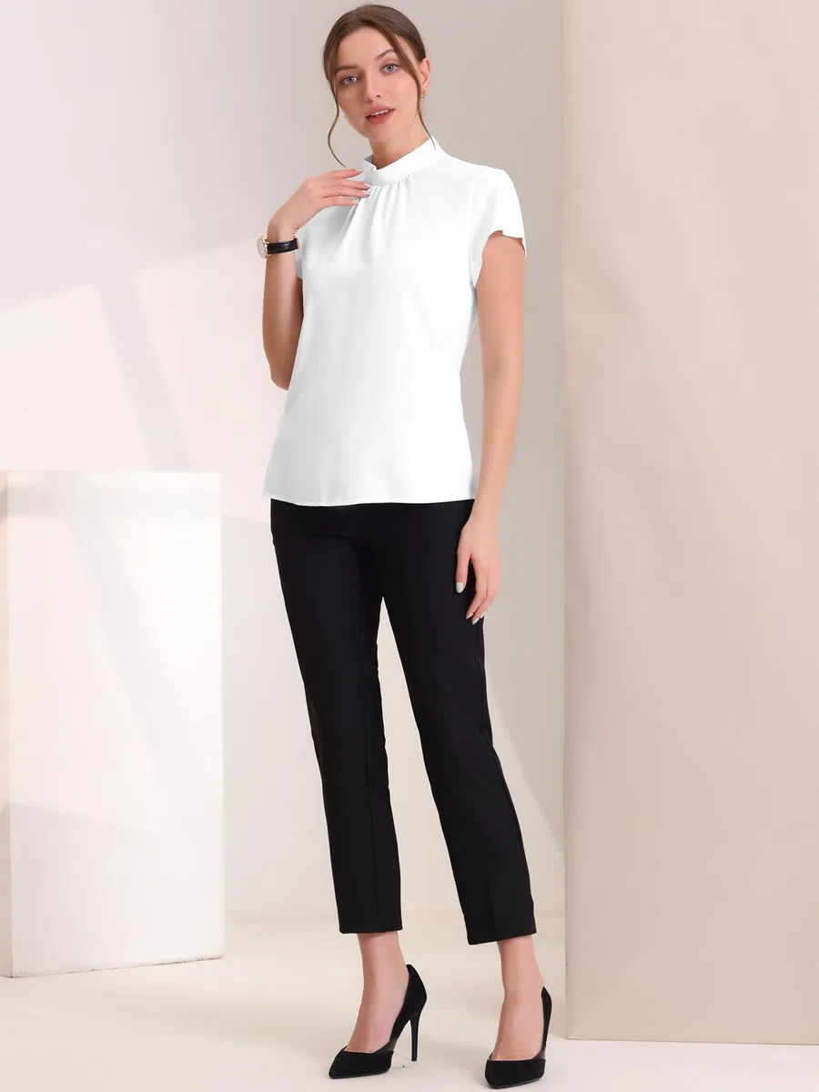 Allegra K Blusa de trabajo para mujer, cuello alto, manga casquillo, abertura en la espalda, elegante blusa de negocios