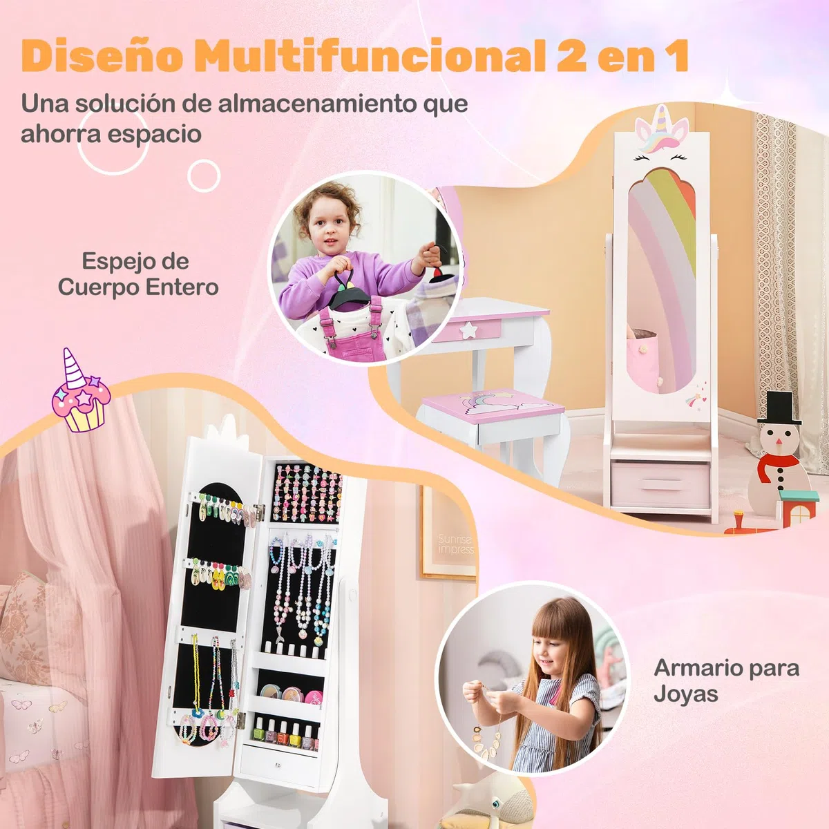 COSTWAY Armario de Joyería para Niñas, Espejo Joyero de Cuerpo Completo Independiente con Almacenamiento, Armario para Joyas Infantil con Ganchos, Estantes y Cajones (Blanco)
