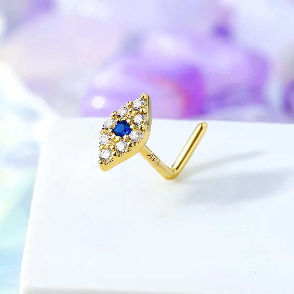 CM Crareesi Mania Piercing de nariz de oro de 14 quilates, calibre 20, ojo EviL de 14 quilates, oro macizo de 14 quilates, aretes de nariz en forma de L, juego de puntas para piercing de nariz,