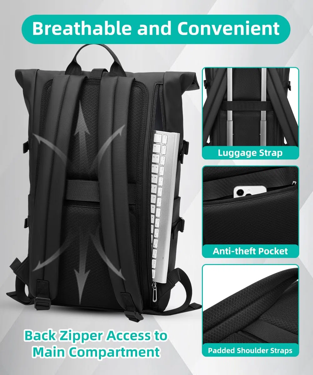 Mochila Enrollable Impermeable Mochila Ordenador Portatil 15 Pulgadas Antirrobo Mochila Hombre Casual para Viaje Ciclismo Escuela Deporte-Negro