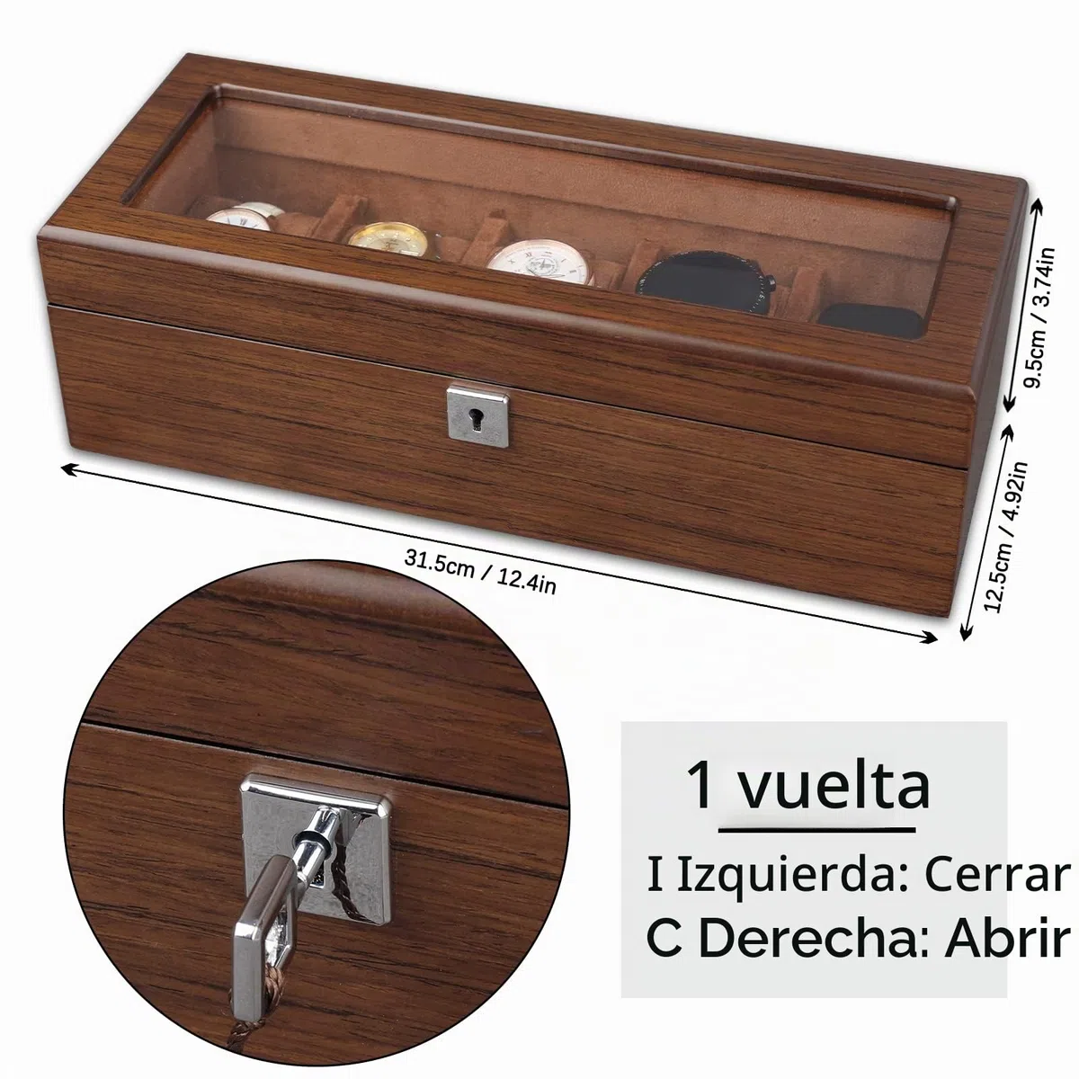 Caja de Relojes con 5 Compartimentos, Madera Estuche Relojes Hombre | Organizadora de Reloj con Tapa de Cristal y Cerradura, Cojín Extraíble, Porta Relojes Idea de Regalo Hombres/Niñas/Festival