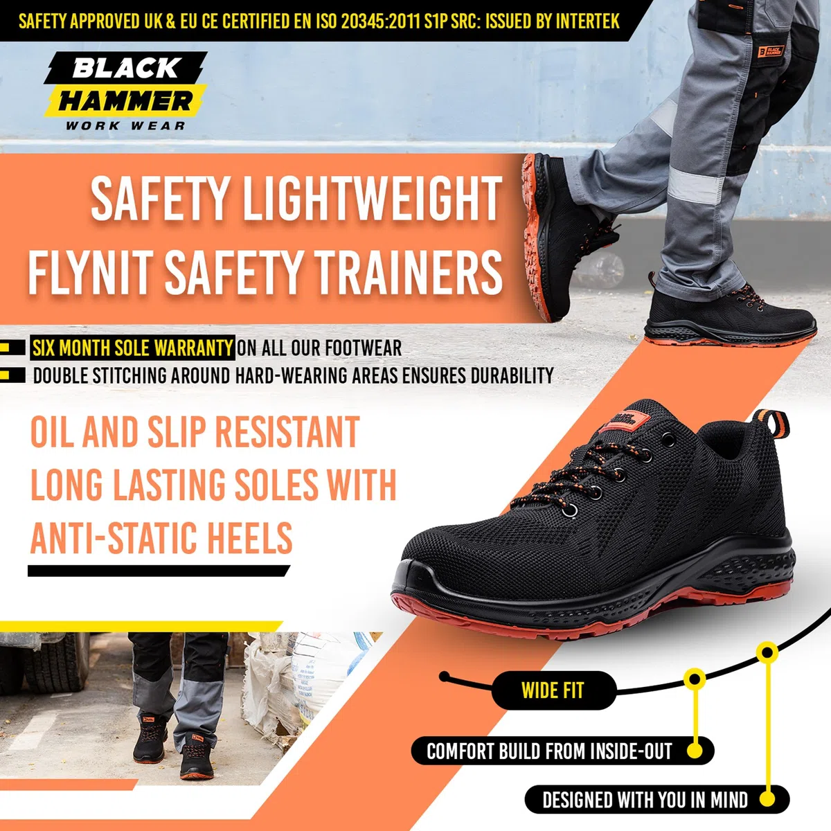 BLACK HAMMER Zapatos de Seguridad para Hombre Puntera de Acero S1P Resistente a los resbalones SRC Suela Intermedia de Acero Trabajo Transpirable Hiker 2292 Naranja (42 EU)