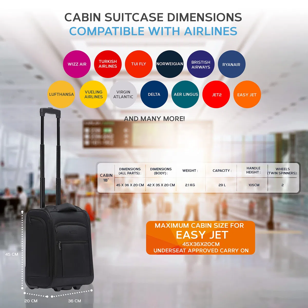 Flight Knight Maleta de Mano Bajo Asiento Embarque No Prioritario easyJet 45x36x20-2 Ruedas - Maleta de Cabina de Tela Suave, Ultraligera y Duradera