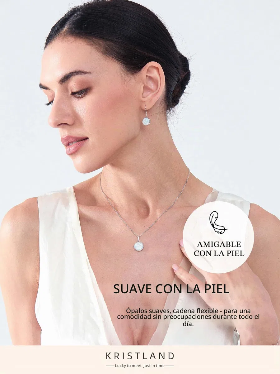 Collar de Ópalo Redondo S925 Chapado en Oro Blanco para Mujer Con Circona y Cadena Ajustable - Regalo de Cumpleaños