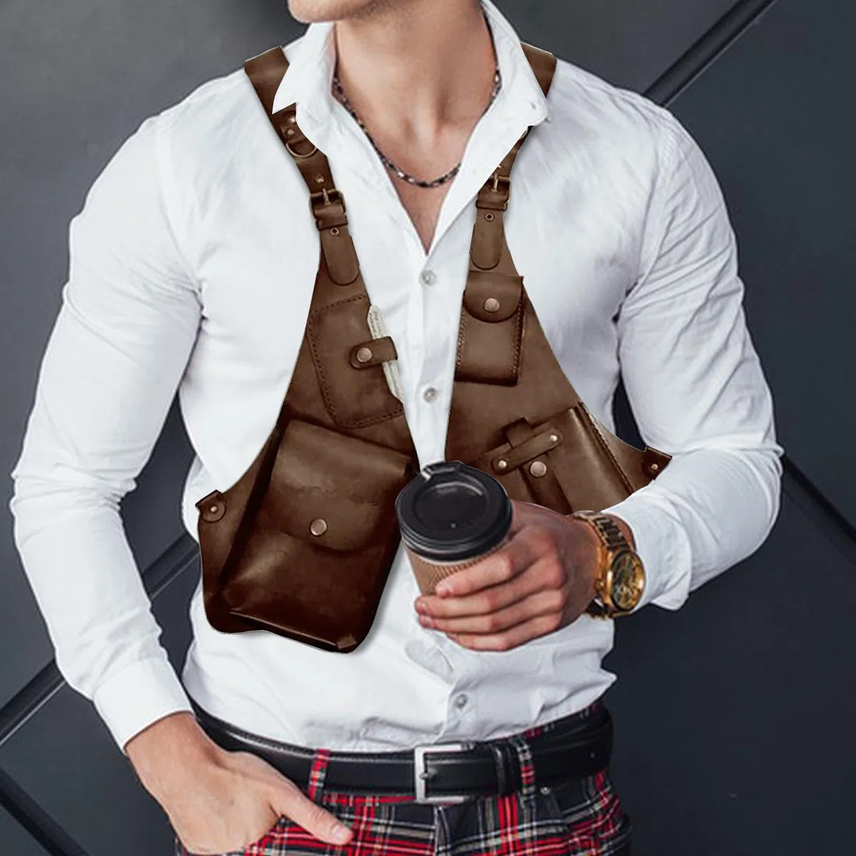 Arnés antirrobo, arnés antirrobo para hombres | Doble bolso de hombro medieval cosplay para hombres y mujeres, cartera ajustable de piel sintética, funda para teléfono móvil al aire libre