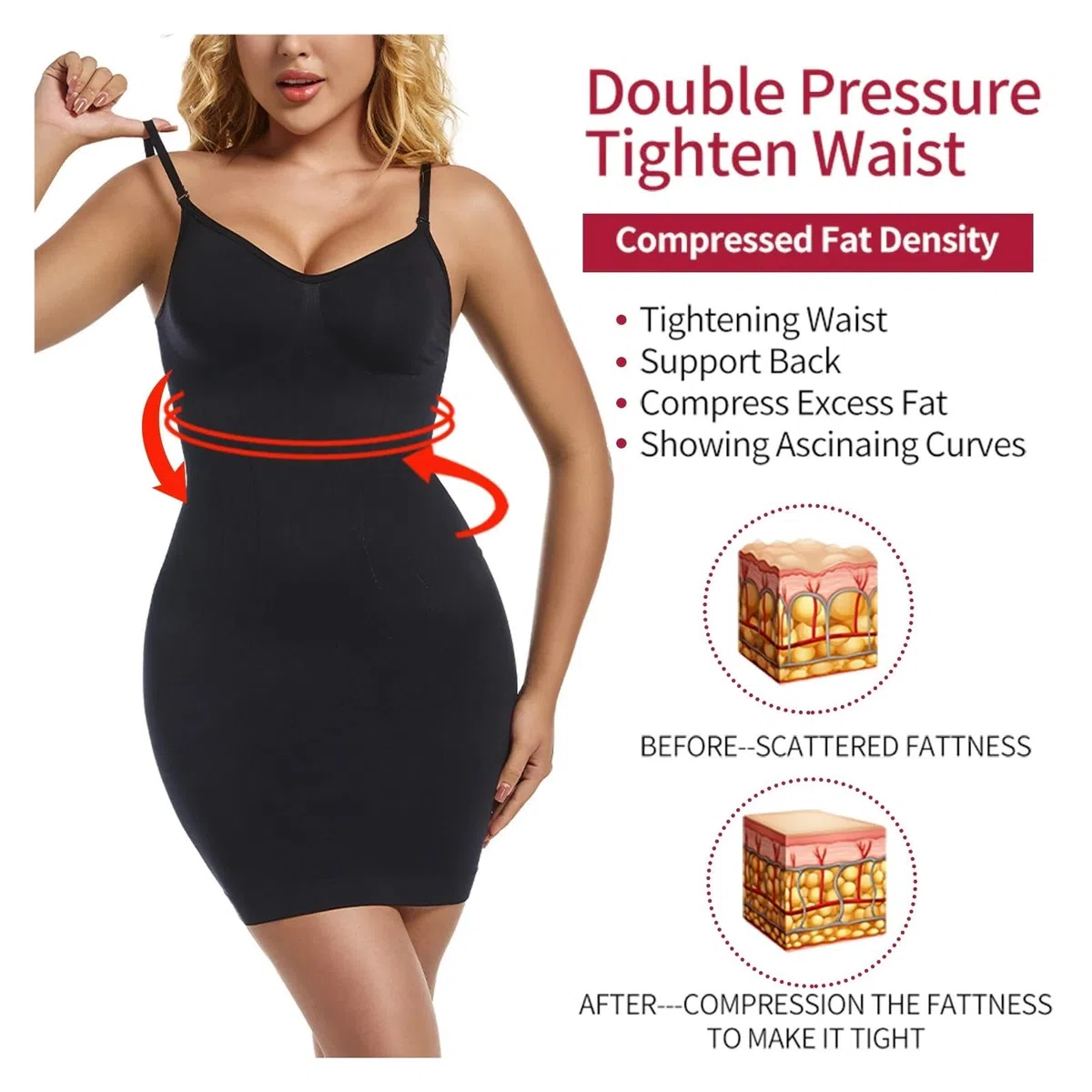 Vestido Moldeador Vestido Moldeador con Tirantes for Mujer, Ajustado, Sexy, con Control de Abdomen, Transpirable, Tallas S a 3XL(Black,L)