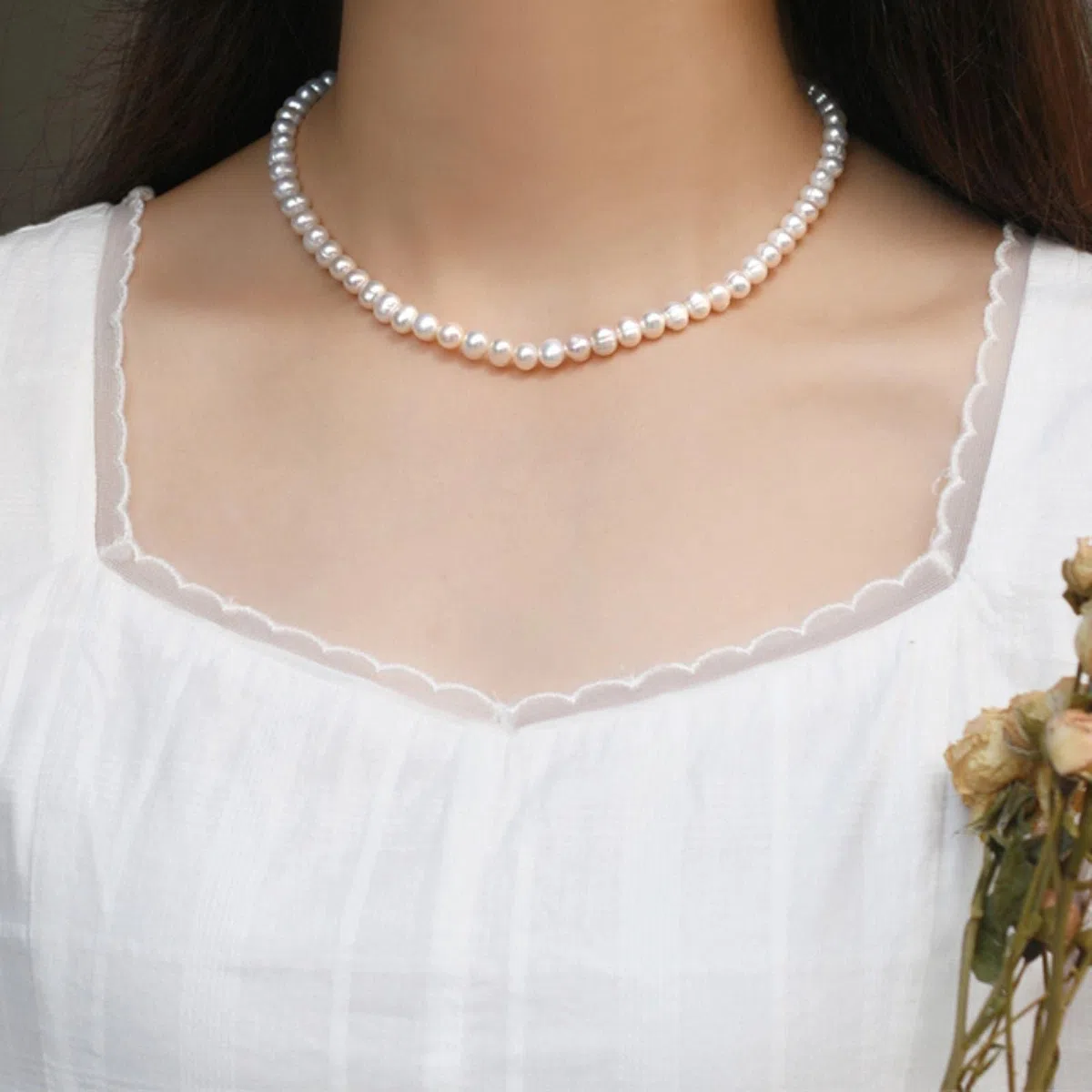 LOKILOKI Collar De Gargantillas De Perlas De Agua Dulce Naturales De 6-7mm, Joyería De Plata De Ley 925 para Mujer, Tendencia De Regalo