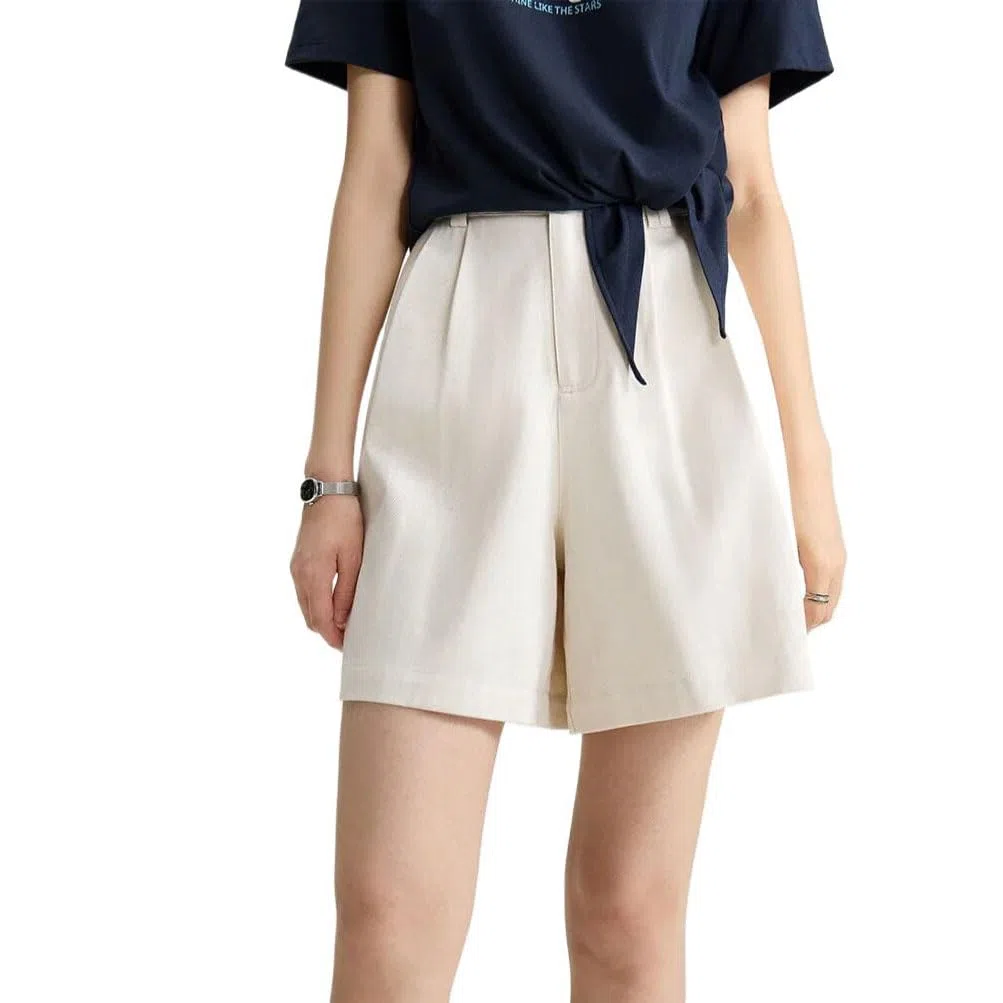 Pantalones cortos casuales de verano para mujer, cintura alta, elásticos, para la oficina, beige, L