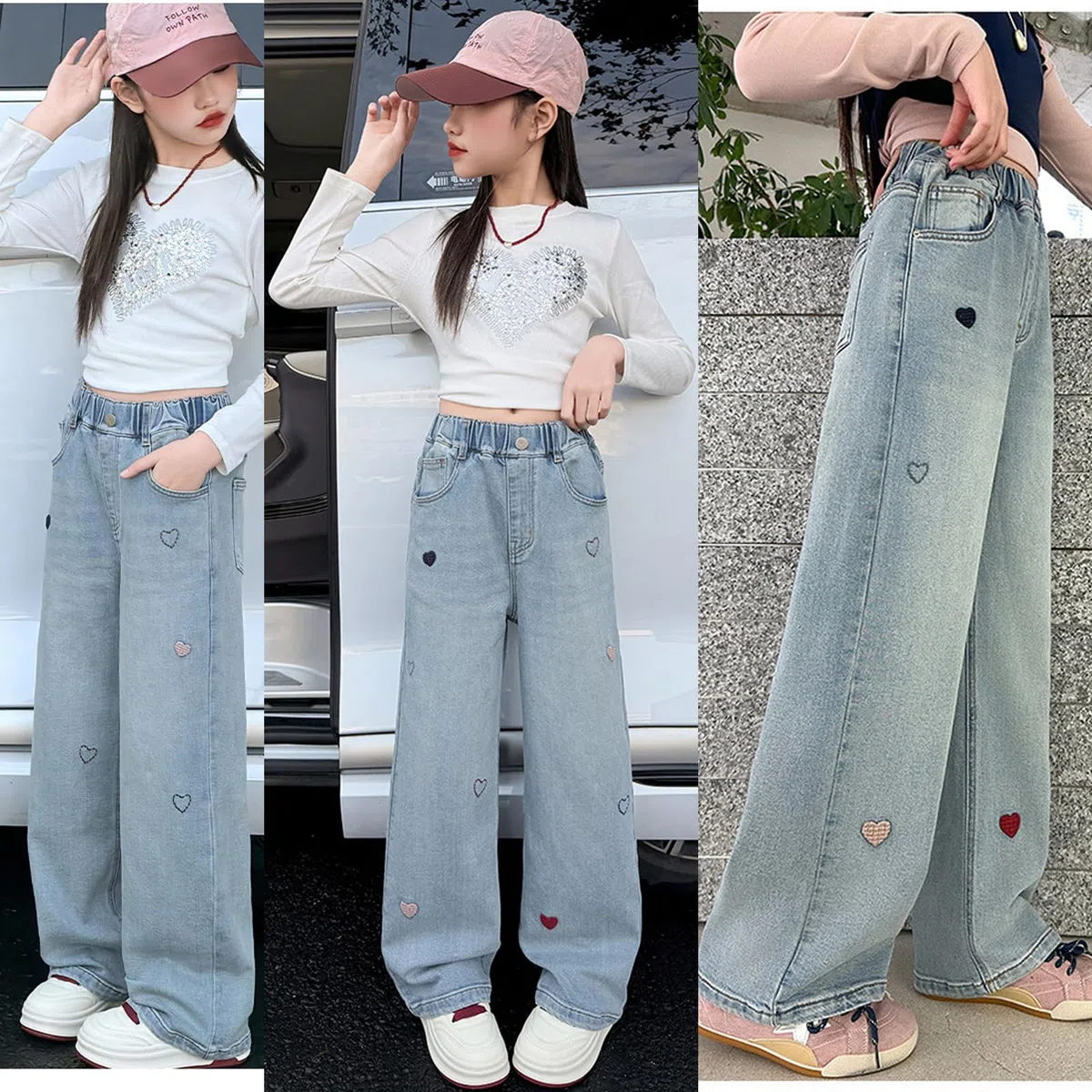 Pantalones vaqueros para niñas de 5 a 14 años con cintura elástica y pierna ancha