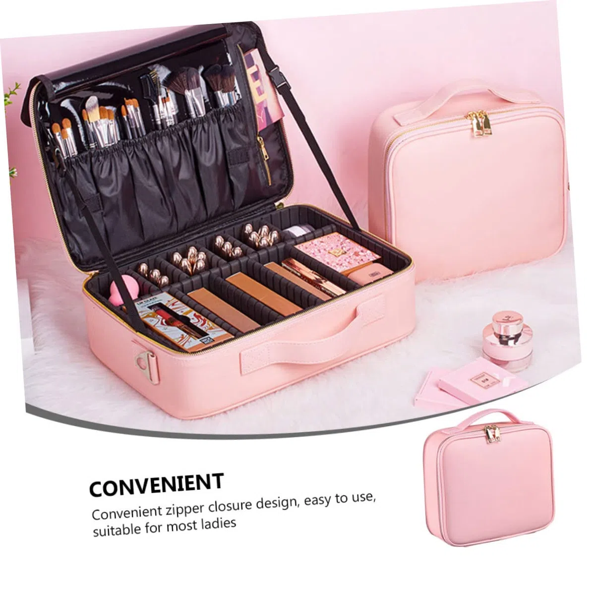 Neceser Maquillaje Mediano con Compartimentos Ajustables Bolsa Cosméticos Viaje Portátil para Mujer Rosa PU